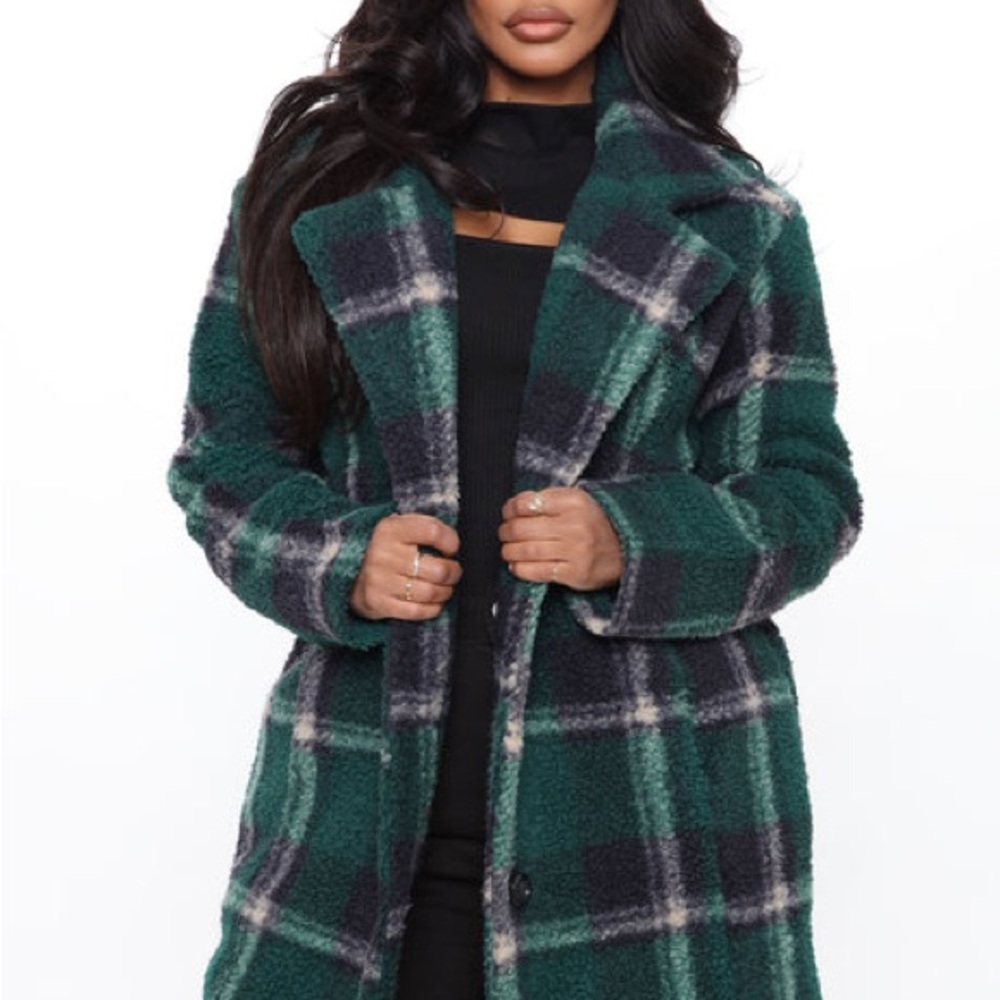 Fashion Nova Green and Black Plaid Teddy Jacket